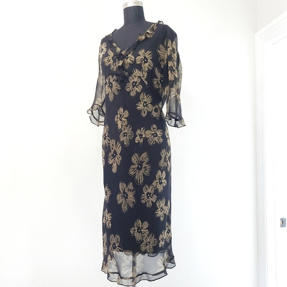 Vintage Y2K Dark Floral Ruffle Beaded Midi Dress - Picture 4 of 10